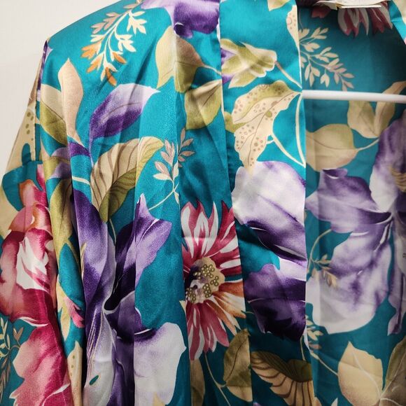 California Dynasty Vintage Floral Satin Robe Medium Boudoir Kimono Short Length - Picture 2 of 12